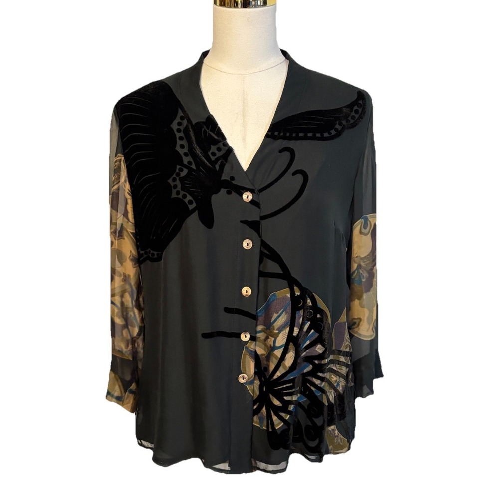 Citron Santa Monica Button Up Blouse Cardigan Silk Rayon Mix Crushed Velvet Top